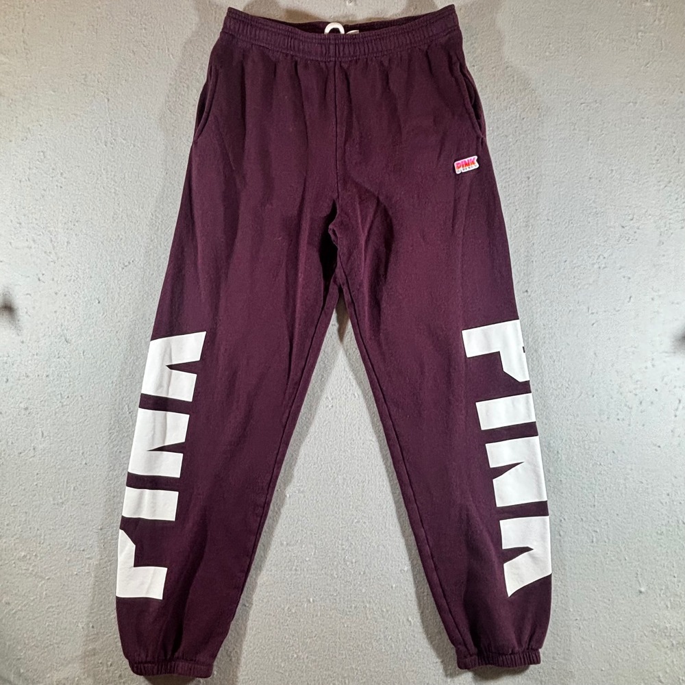 Victoria's Secret PINK Jogger Sweatpants Burgundy Maroon Logo Graphic Medium